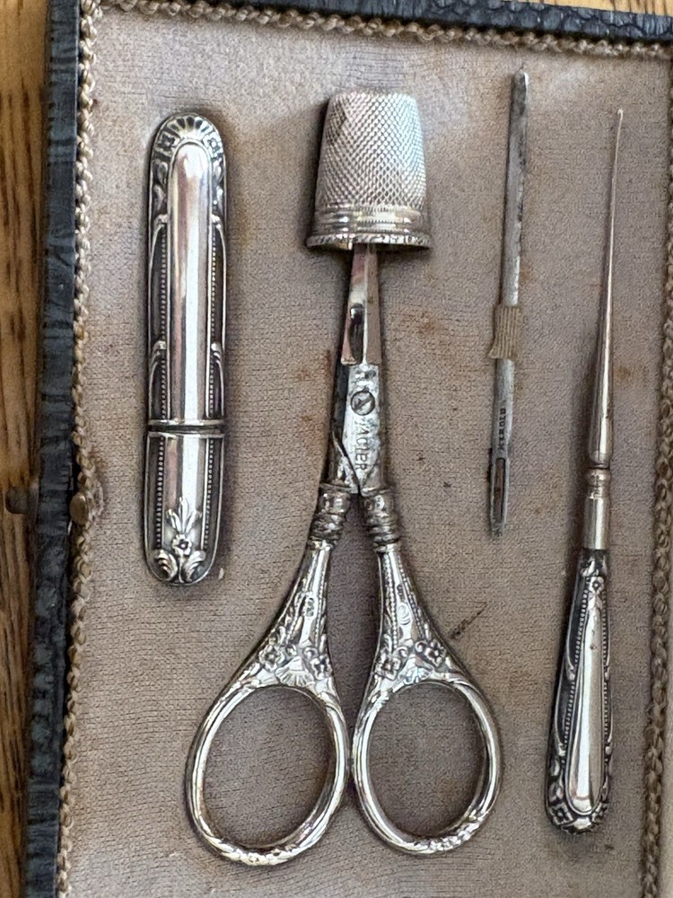 Antique Sterling Silver Sewing Machine Case Set & Box