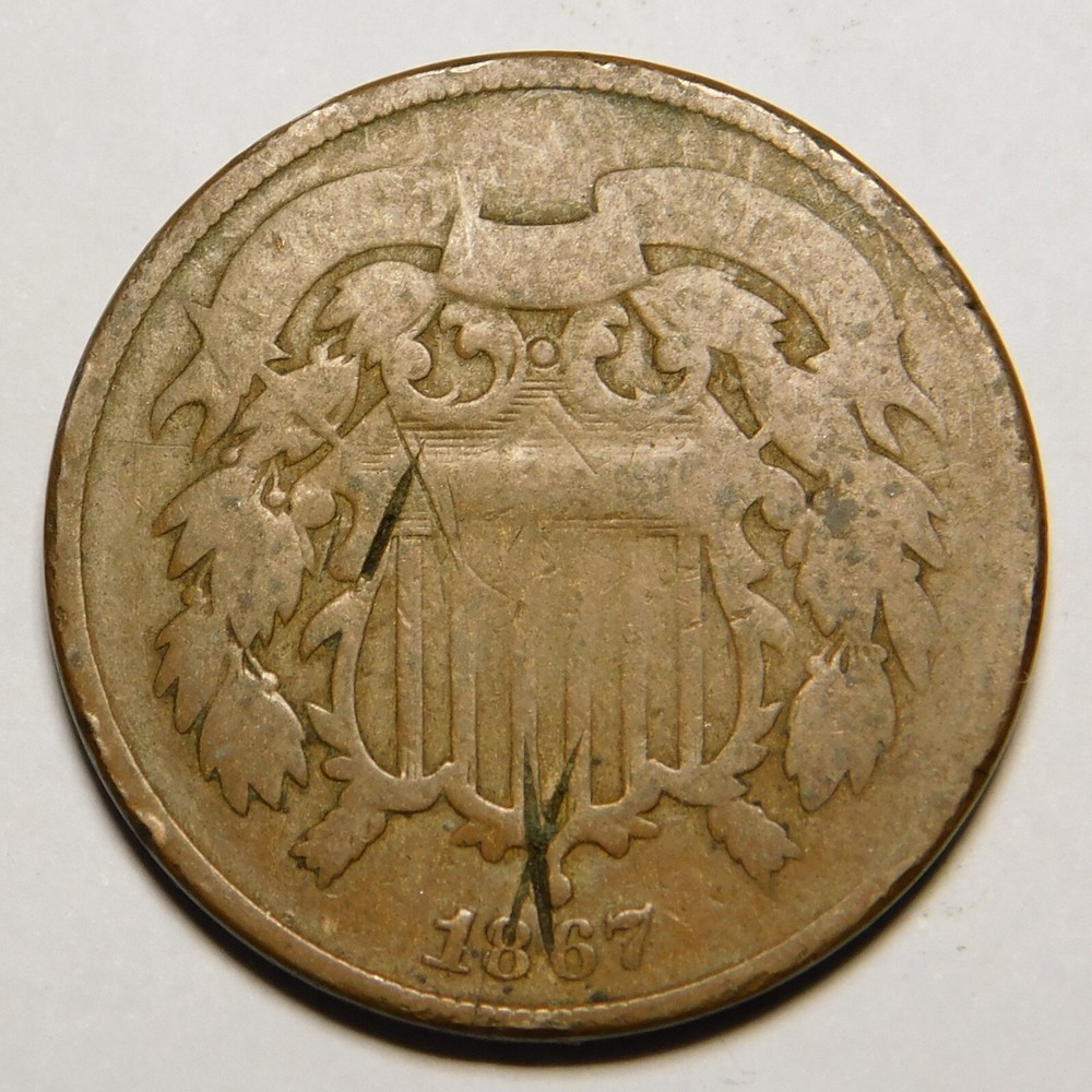 1867 Two Cent Piece "Not Cleaned- Actual Coin Pictured"