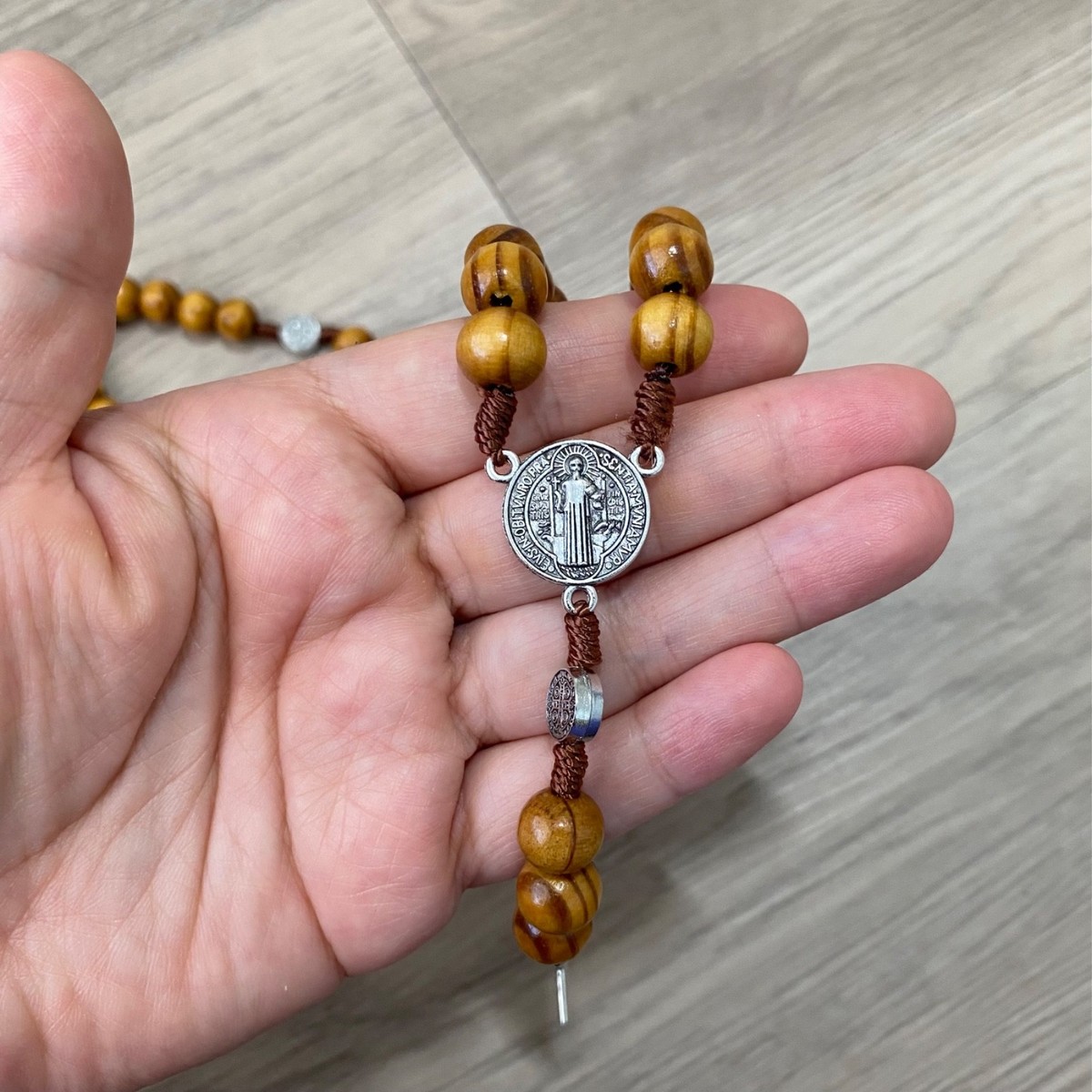 Saint St Benedict Wooden Rosary & Pouch Prayer Beads Crucifix Rosario San Benito