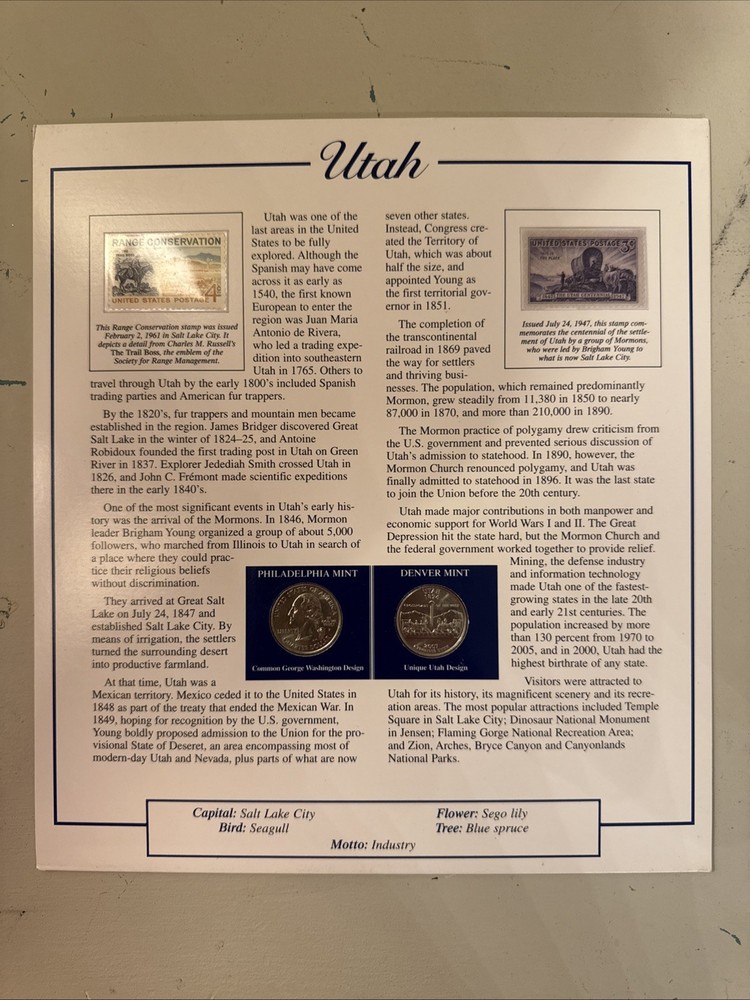 2007 State Commemorative Utah Quarter and Stamp Collection