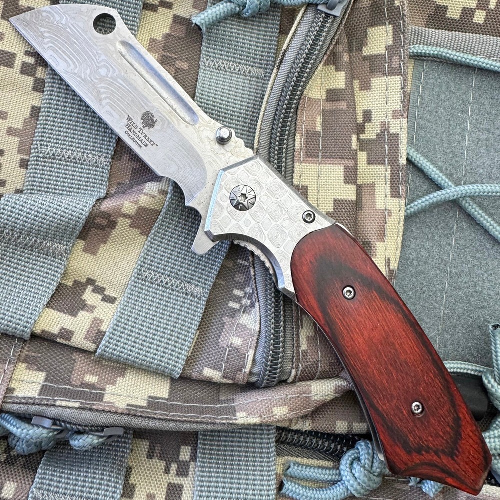 TACTICAL Spring Assisted Pocket Knife CLEAVER RAZOR Damascus Etch Wood Handle