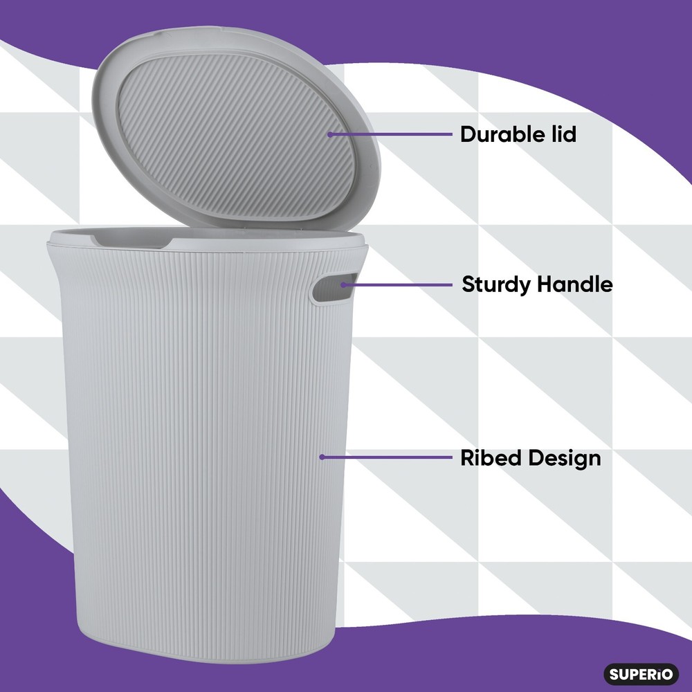 Superio Ribbed Plastic Laundry Hamper with Lid, Elegant-Smoke White
