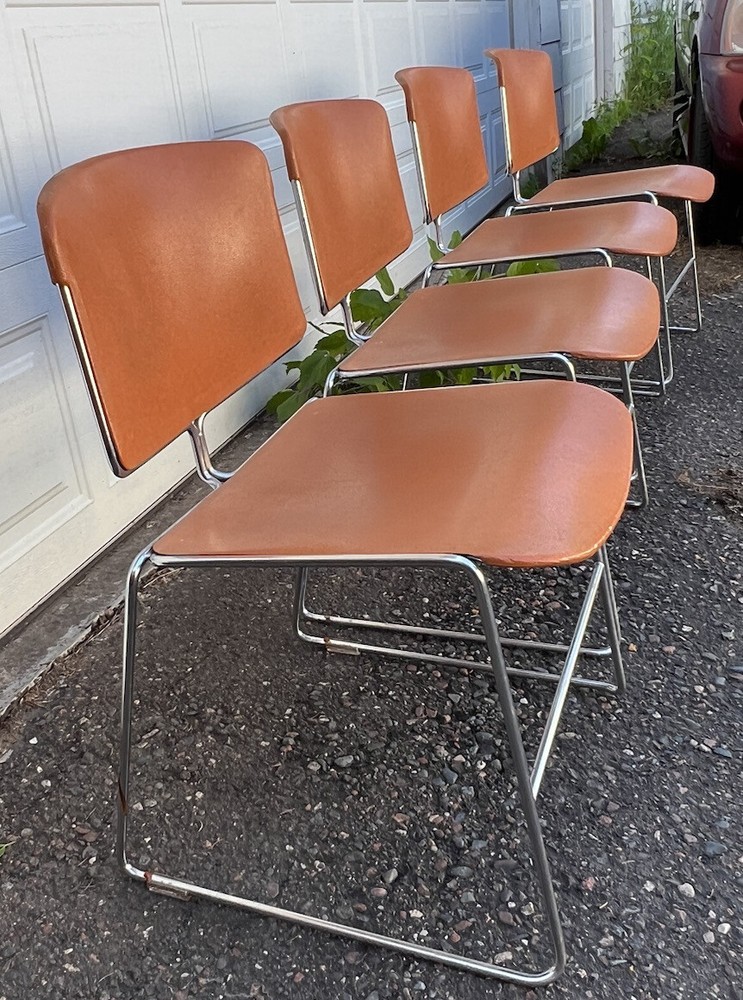 4 VINTAGE MAX-STACKER CHAIRS STACKABLE STEEL-CASE ORANGE & CHROME Give Inc