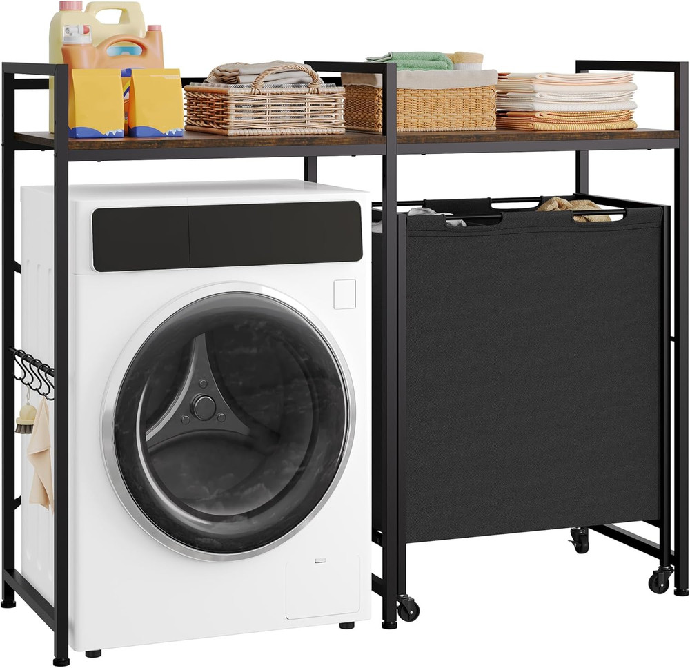 Rolling Laundry Cart with Shelves & Hooks - Over Washer Storage Solution 55"H