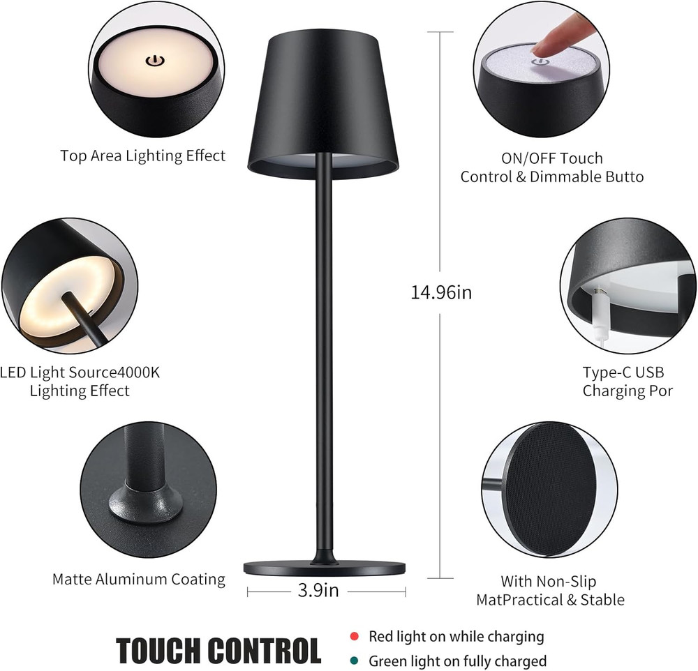 Rechargeable Cordless LED Table Lamp - Minimalist Design (2 Pack, Black)