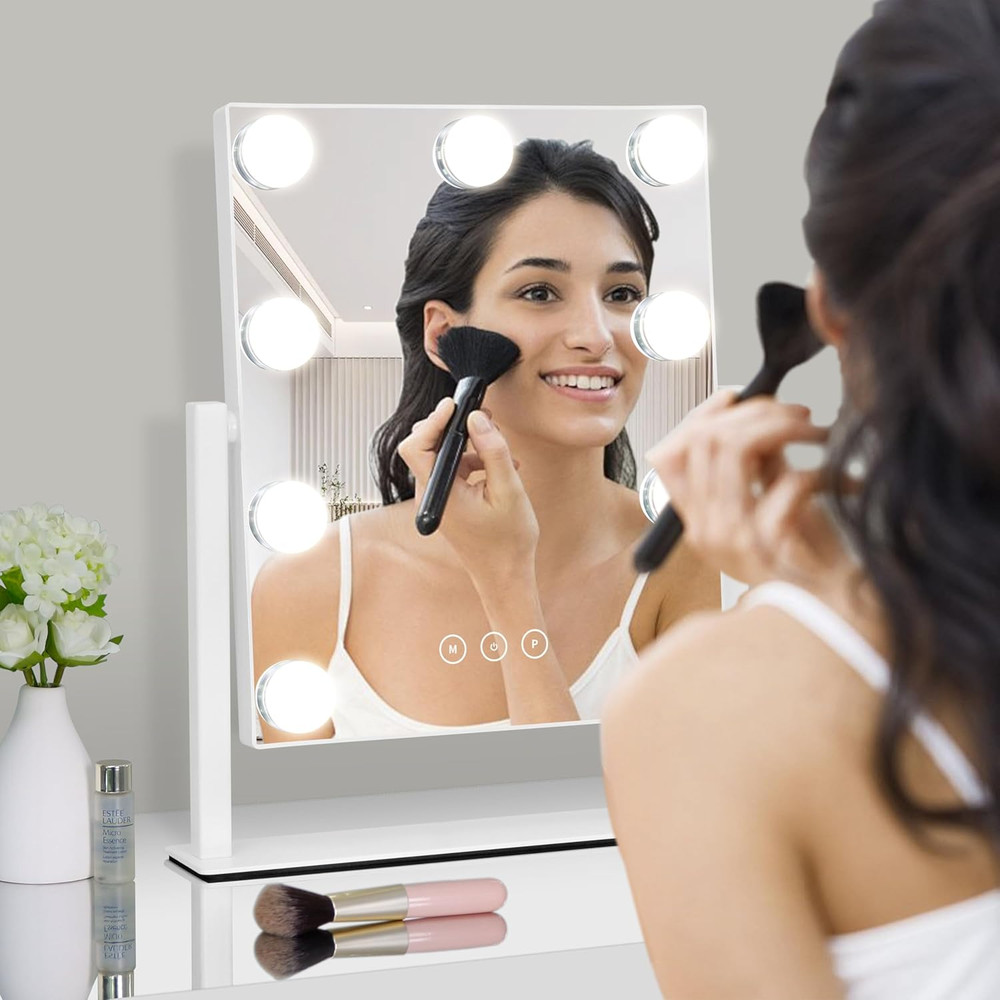 Lighted Vanity Mirror with 9 Dimmable Bulbs and 10X Magnification, White