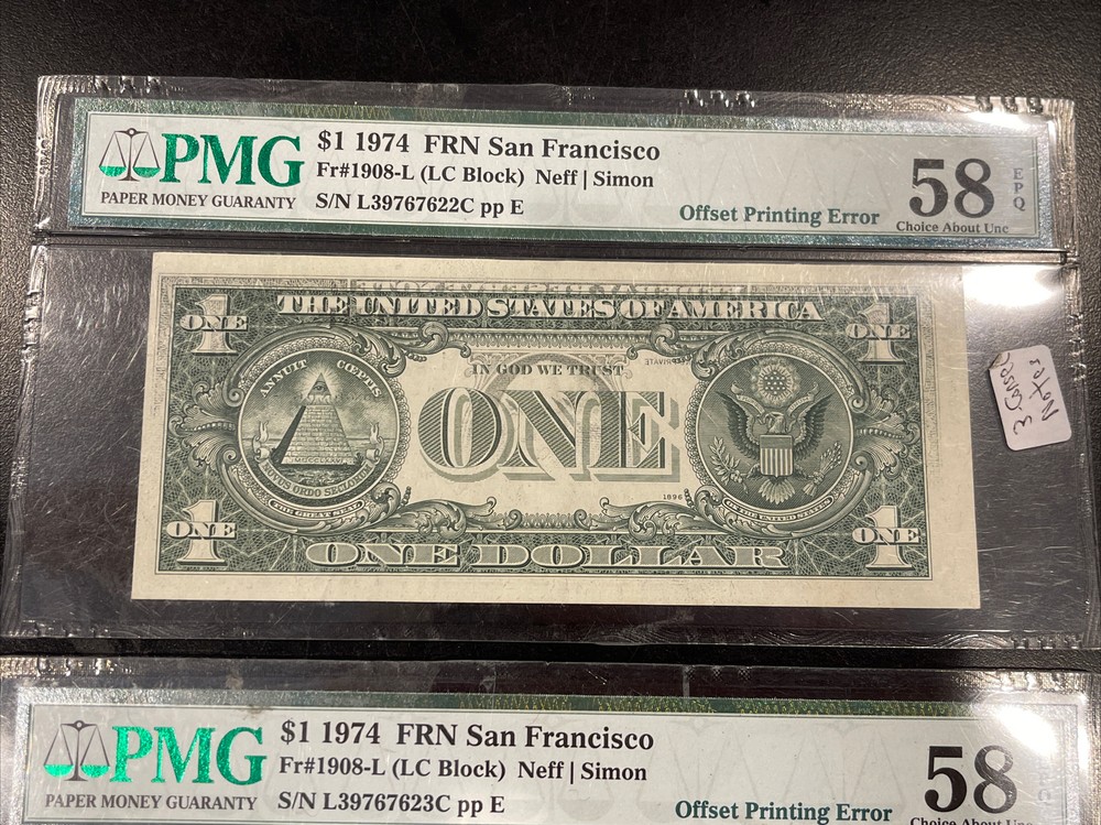 3x Error PMG 58 EPQ FRN $1 Consecutive Serial Notes 1974