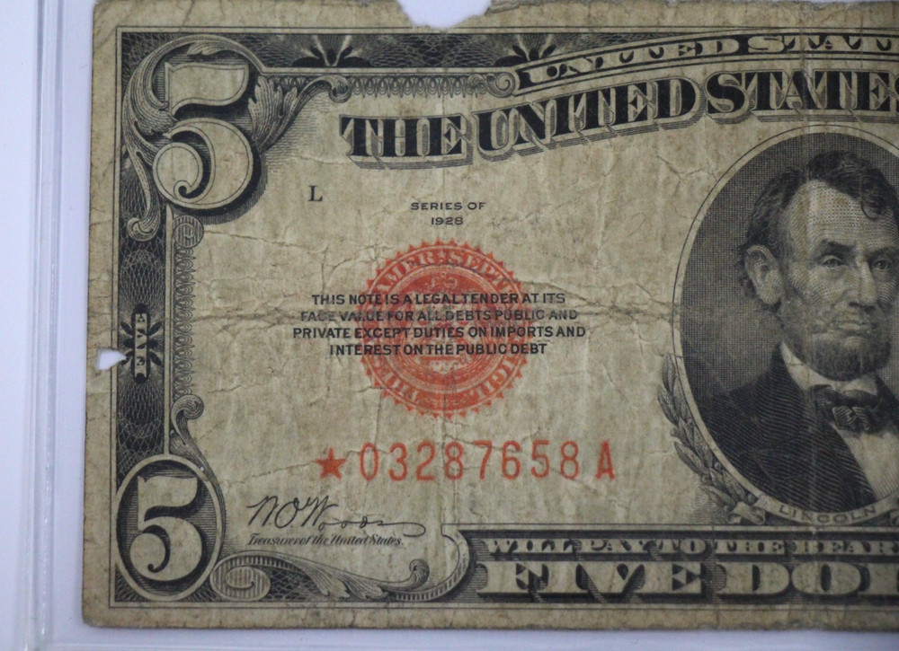 1928 $5 Five Dollar Red Seal Star Note FR1525