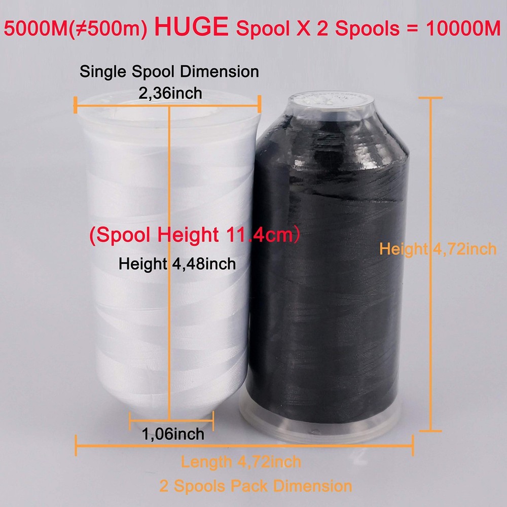 Embroidery Machine Thread, Polyester 5000M, 2 Huge Spools, Black White