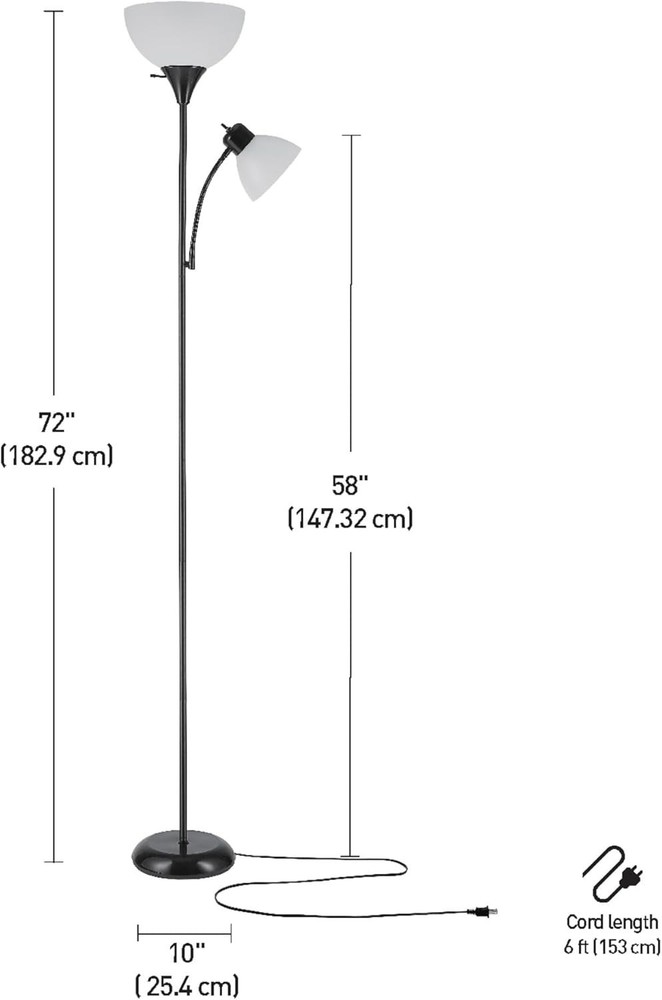 Modern 72" Black Floor Lamp, Dual Torchiere & Reading Light, Space-Saving