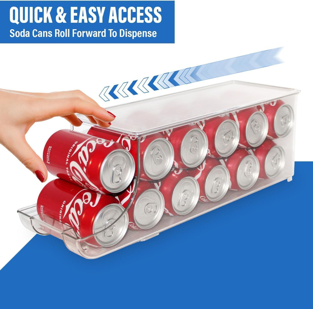 Soda Can Organizer with Lids, Stackable Soda Can Dispenser for Refrigerator, Cle