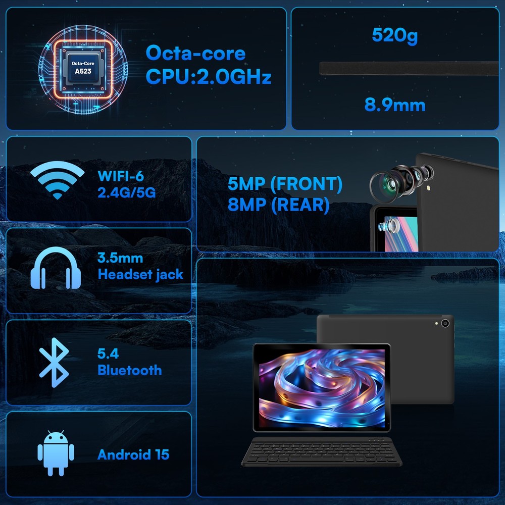 10.1'' Android 15 Tablets LCD Touchscreen Octa-Core 24GB+128GB WIFI 6 Bluetooth