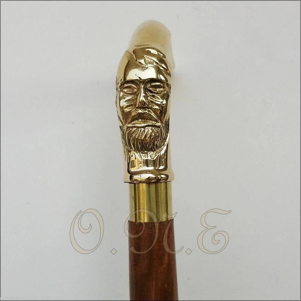 Victorian Face Handle Walking Stick Cane Solid Brass Handle Wooden Stick Style