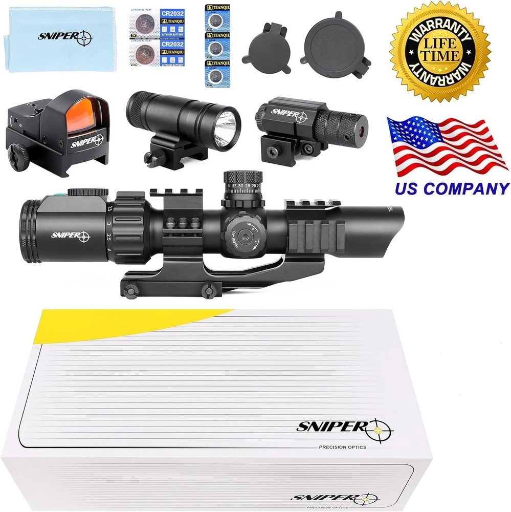 Sniper Rifle Scope 1-4X28 LPVO Scope with Laser Sight Red Dot Flashlight Combo