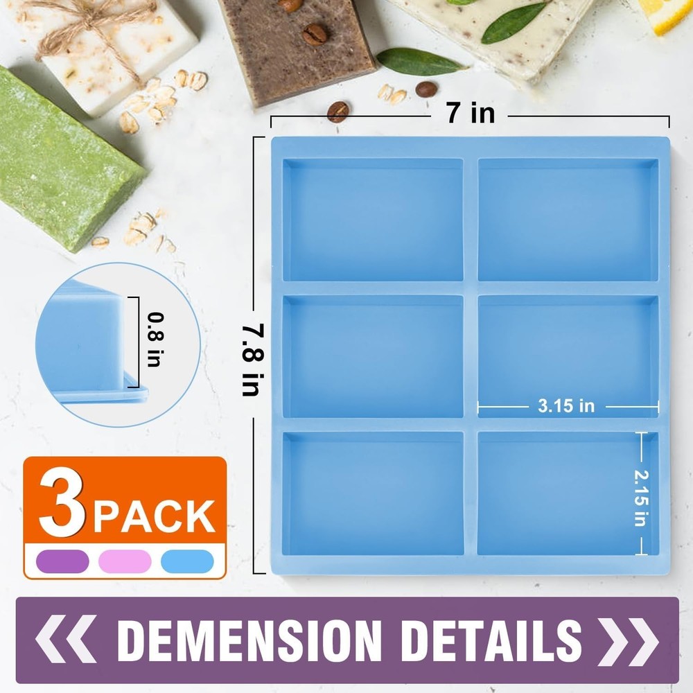 3 Pack Silicone Rectangle Soap Molds with 6 Cavities for Baking Soap Making