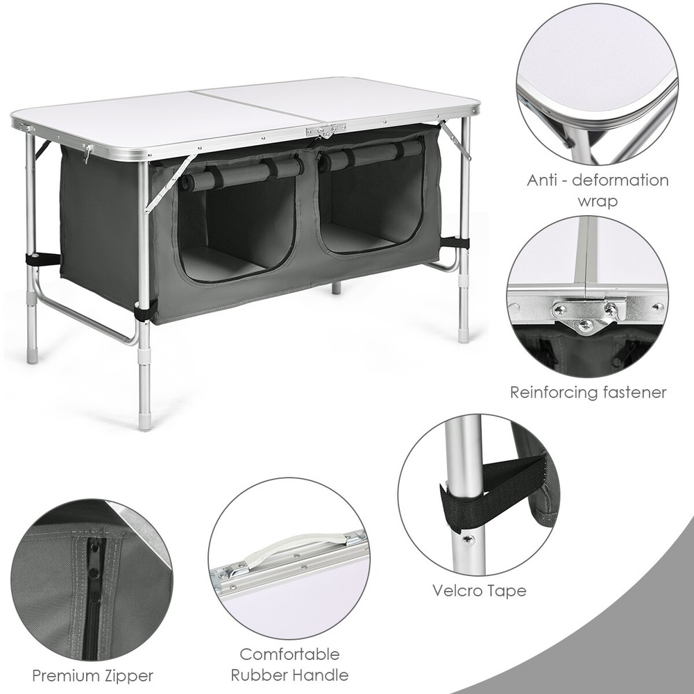 Folding Camping Table Aluminum Height Adjustable w/ Storage Organizer Grey