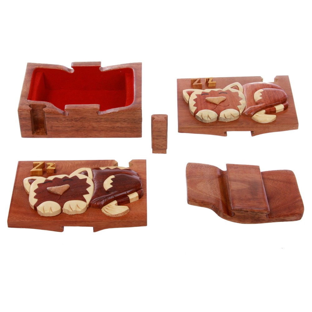 Wooden Rectangular Sleeping Kitty Secret Jewelry Puzzle Box - Sleeping Ca