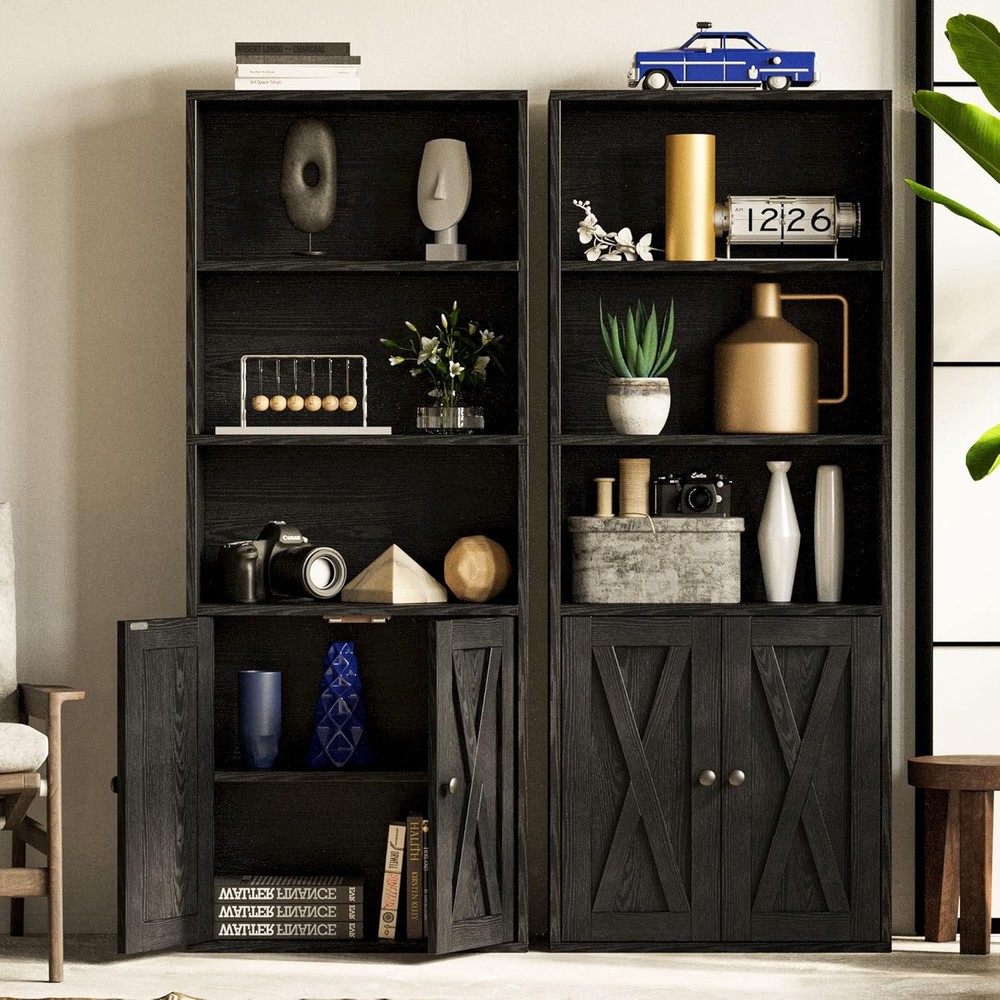 Five-tier display and storage bookcase with doors, 11.8 inches deep.