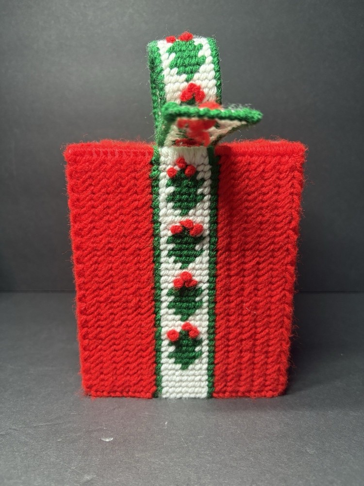 Vintage Needlepoint Plastic Canvas Christmas Present Square Tissue Box Cover