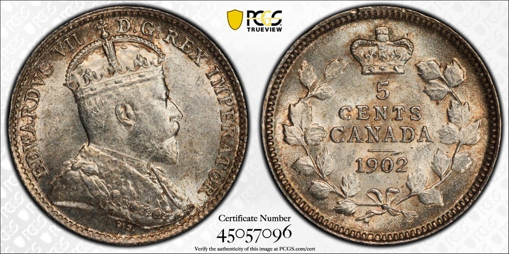 1902 Canada 5 Cent, PCGS MS-63 KM #9
