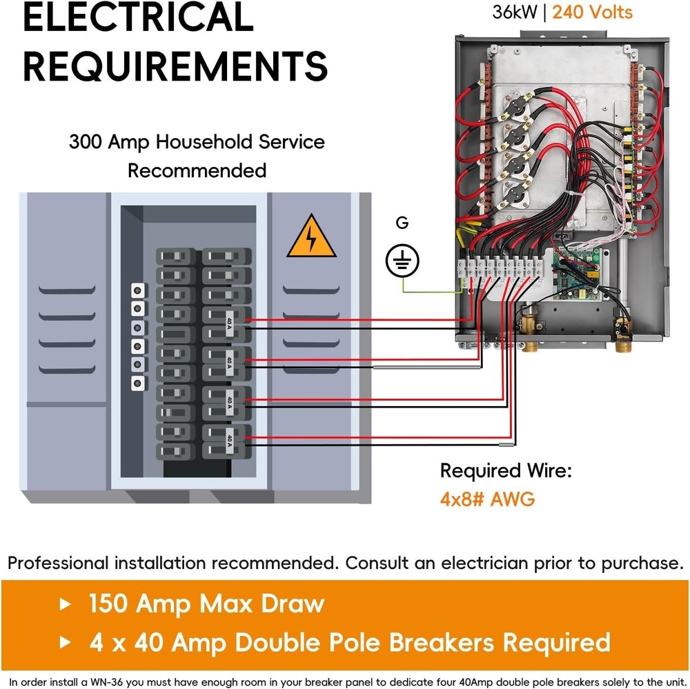 36kW Tankless Water Heater 240V 8.7 GPM Whole House WiFi LED Gray