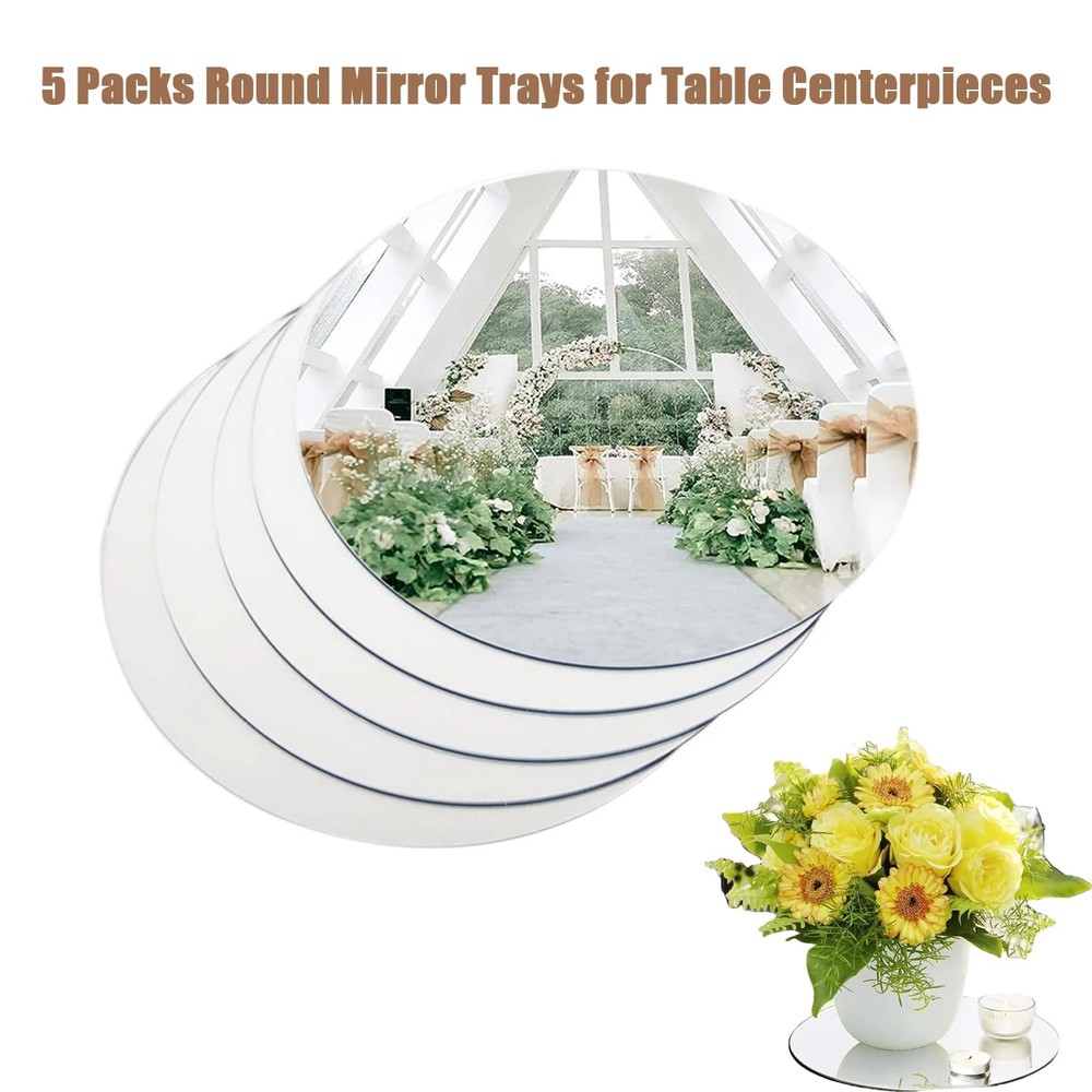 5 Pack Round Mirror Trays, 8" Silver Acrylic Table & Wall Mirrors, 1.5MM Thic...