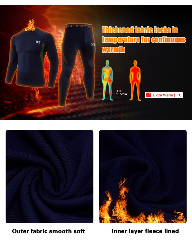 2 Sets Men's Thermal Underwear Fleece Lined Base Layer Top & Bottom Long Johns