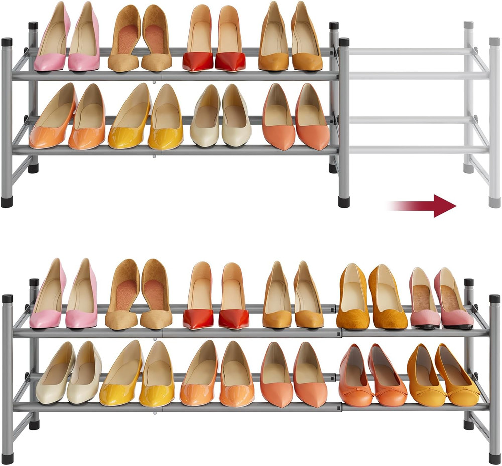 2 Tier Expandable Shoe Rack for Closet, 28“-41“Adjustable & Stackable Shoe Shelf