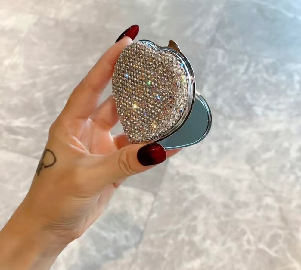 Crystal Encrusted Compact Makeup Mirror Heart Shape Blinged Out White AB Diamond