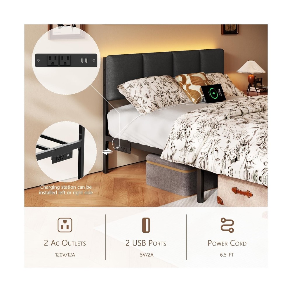 Furnulem Full Size Bed Frame with Headboard, Upholstered Full Bed Frame with ...