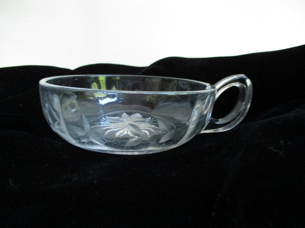 Vintage Nappy Dish Clear Etched Glass One Loop Handle Condiment Nut Candy