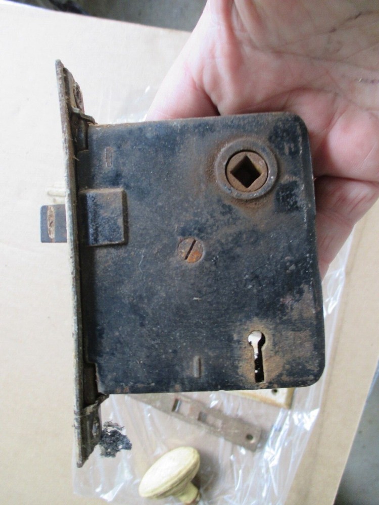 Vtg Door Latch Lock Set Knobs Backplates Antique