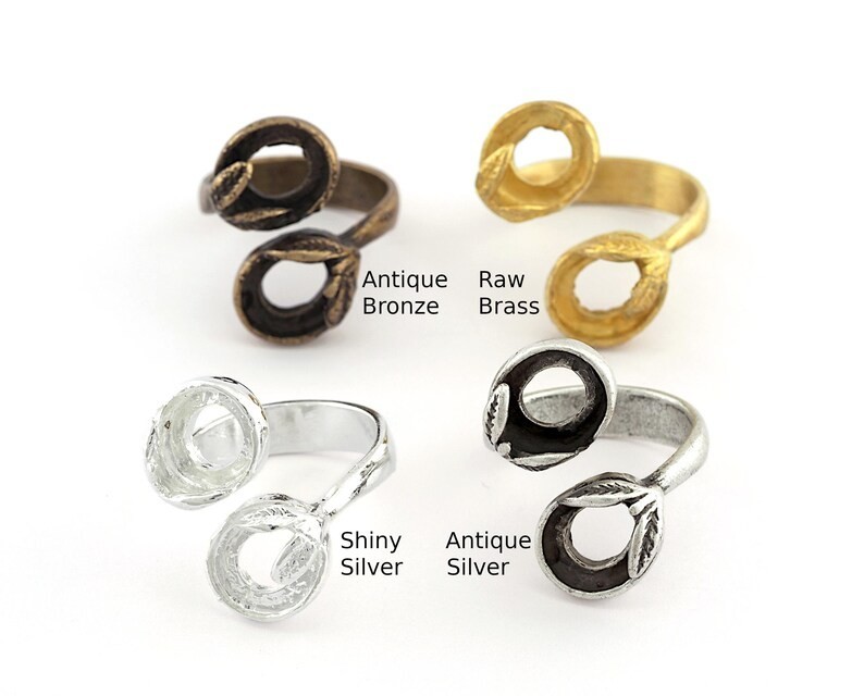 Leaf Bezel Ring Adjustable Blank - Raw Brass-Antique Silver-Shiny Silver- 965