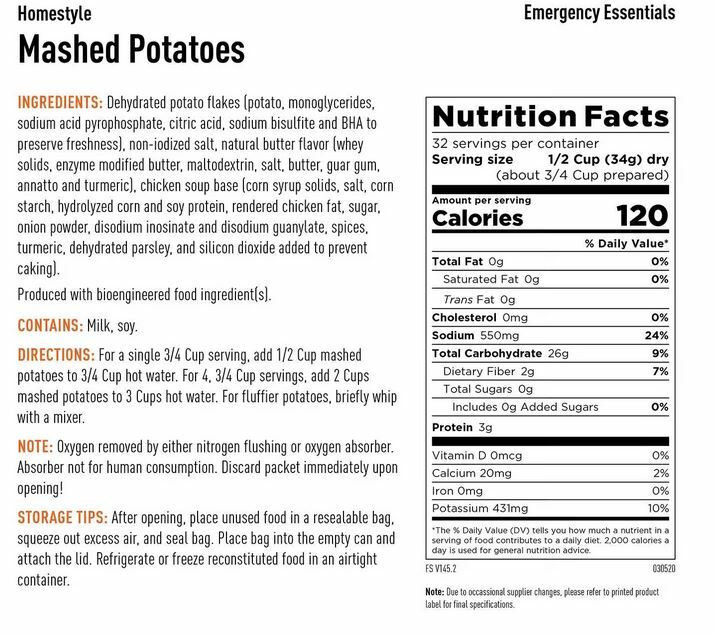 Essentials Instant Mashed Potatoes 2lbs 6.4oz Large #10 Cans Emergency- 25 Year