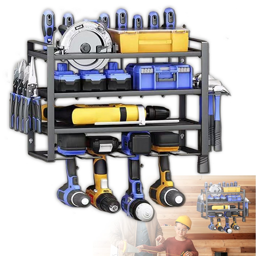 4-Layer Power Tool Organizer Wall Mounted Tool Rack for Cordless Drill Storage