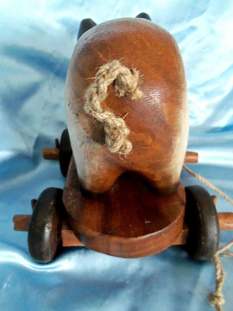 Vintage Antique pull rolling handmade Wood Pig Pull toy