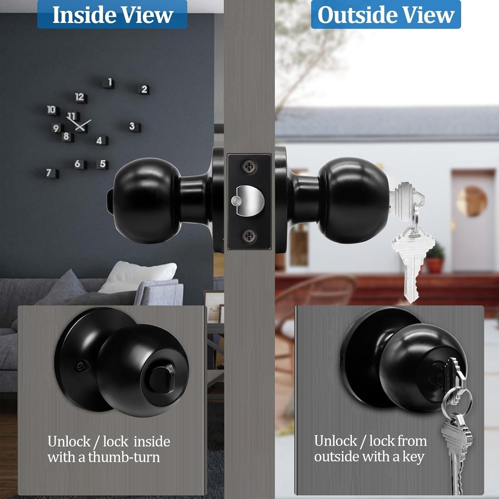 5" Backset Latch Keyed Entry Door Knob with Lock and Key, Standard Square Interf