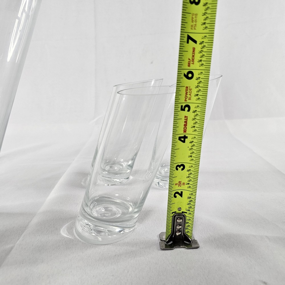 Clear Glass Tilted 9" Pitcher And 3 5.25" Glasses Please Read Description