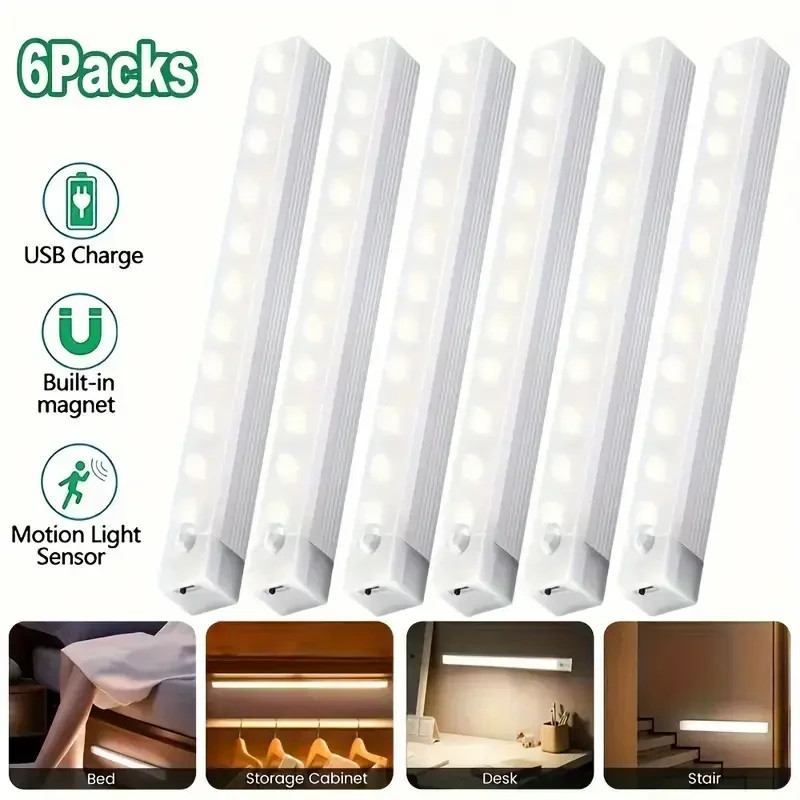 6-Pack 30cm LED Motion Sensor Cabinet Lights Wireless Rechargeable Closet