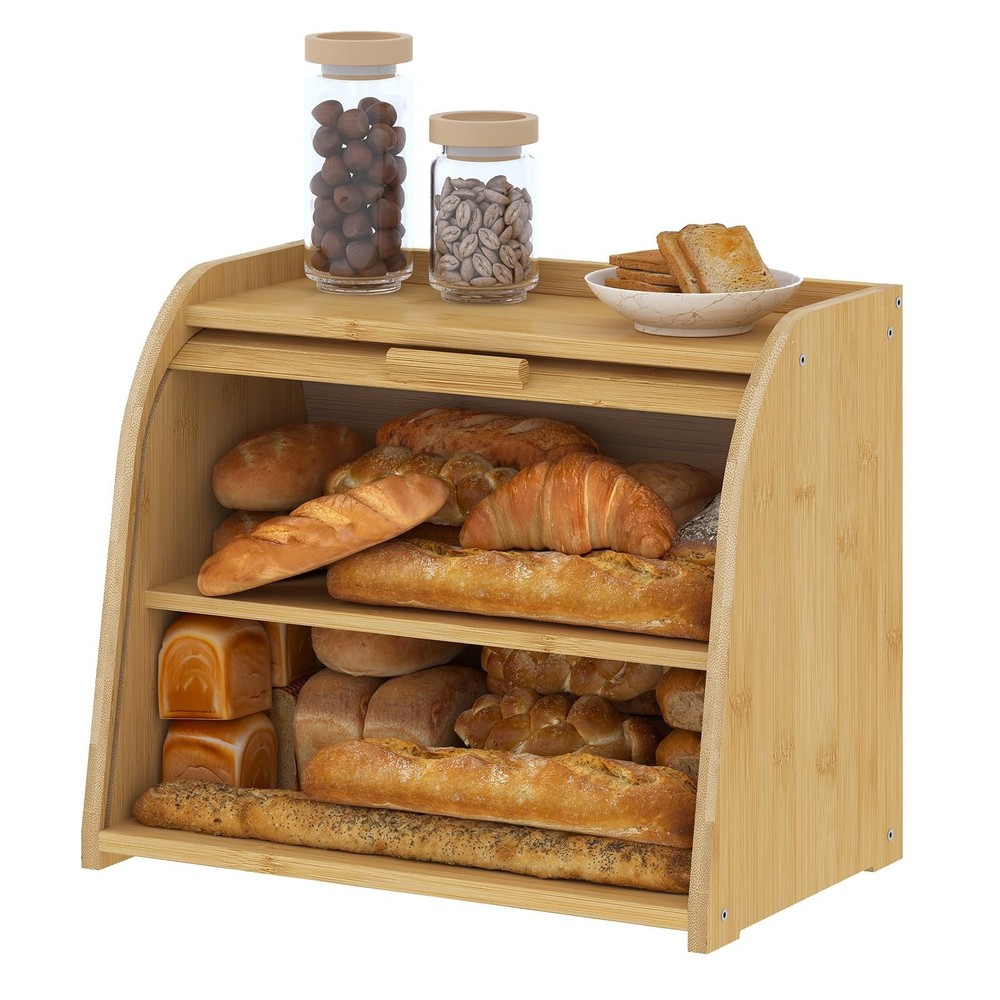 Bread Box for Kitchen Countertop, Bamboo Bread Storage, Double-Layer Roll-Top...