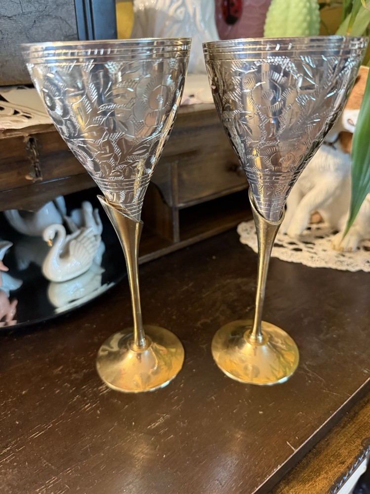 Etched Silver Plated With Brass Handle goblets