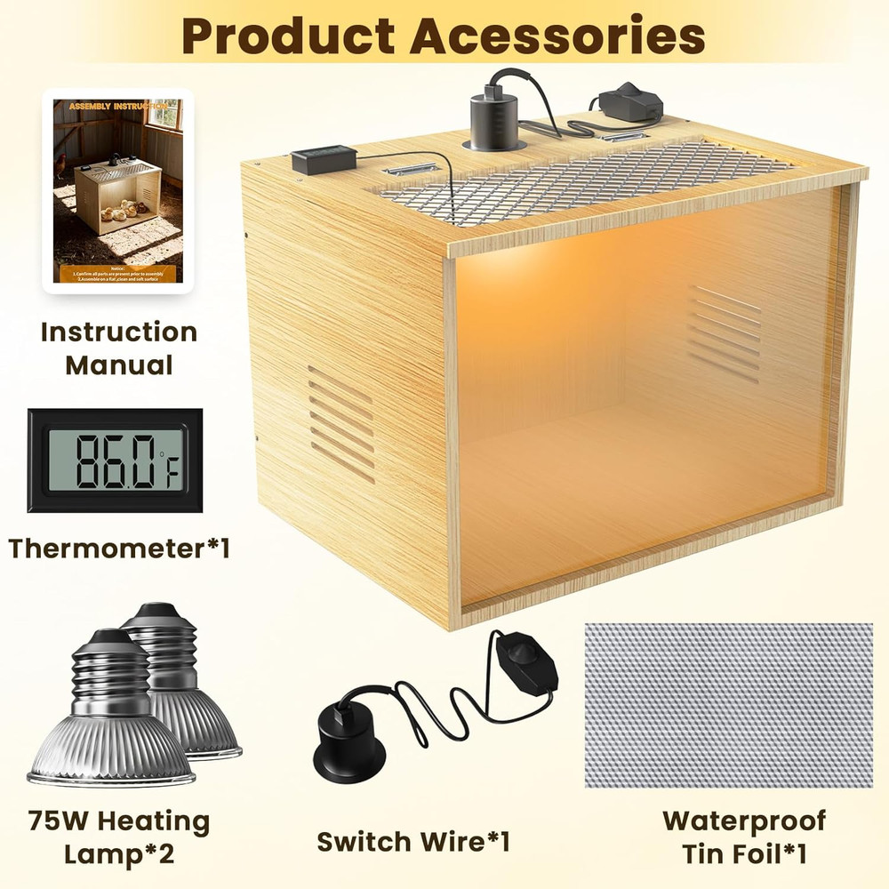 Brooder Box for Chicks, 16 Inch Wooden Chicken Brooder Box with 75W Heat Lamps,