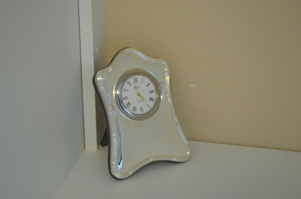 Carrs Quartz Mantle Clock-Solid Sterling Silver Overlay & Mahogany Finished Wood