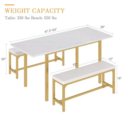 3-Piece 63" Extendable Kitchen Table with Benches/Chairs, Modern White