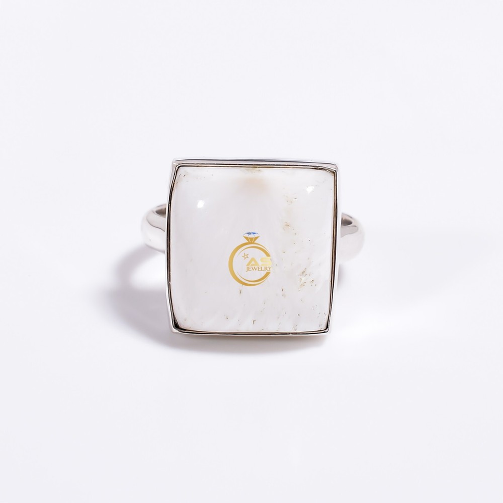 Natural White Scolecite Ring 925 Sterling Silver Handmade Statement Boho Rings