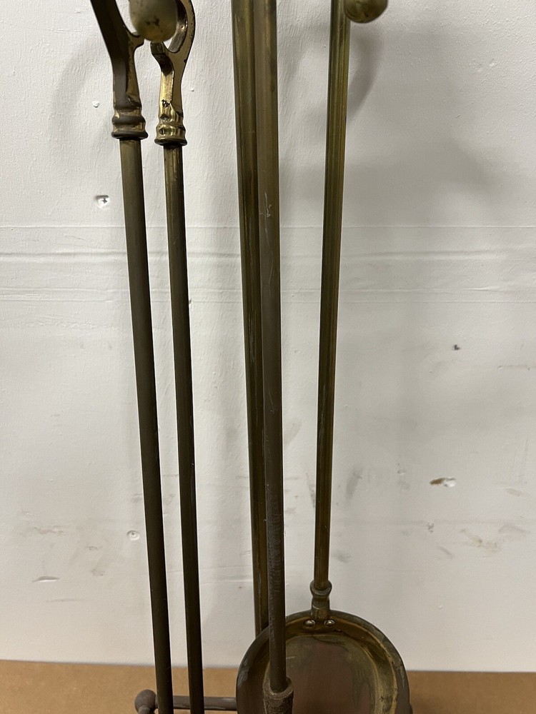 Vintage Solid Brass Fireplace 3 Tools with Stand Set