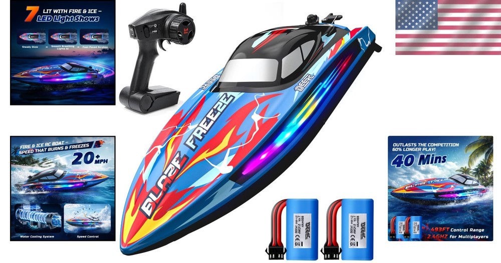 Remote Control Boat, 20+MPH, 7 LED Modes, 40 Min, Self-Righting Feature