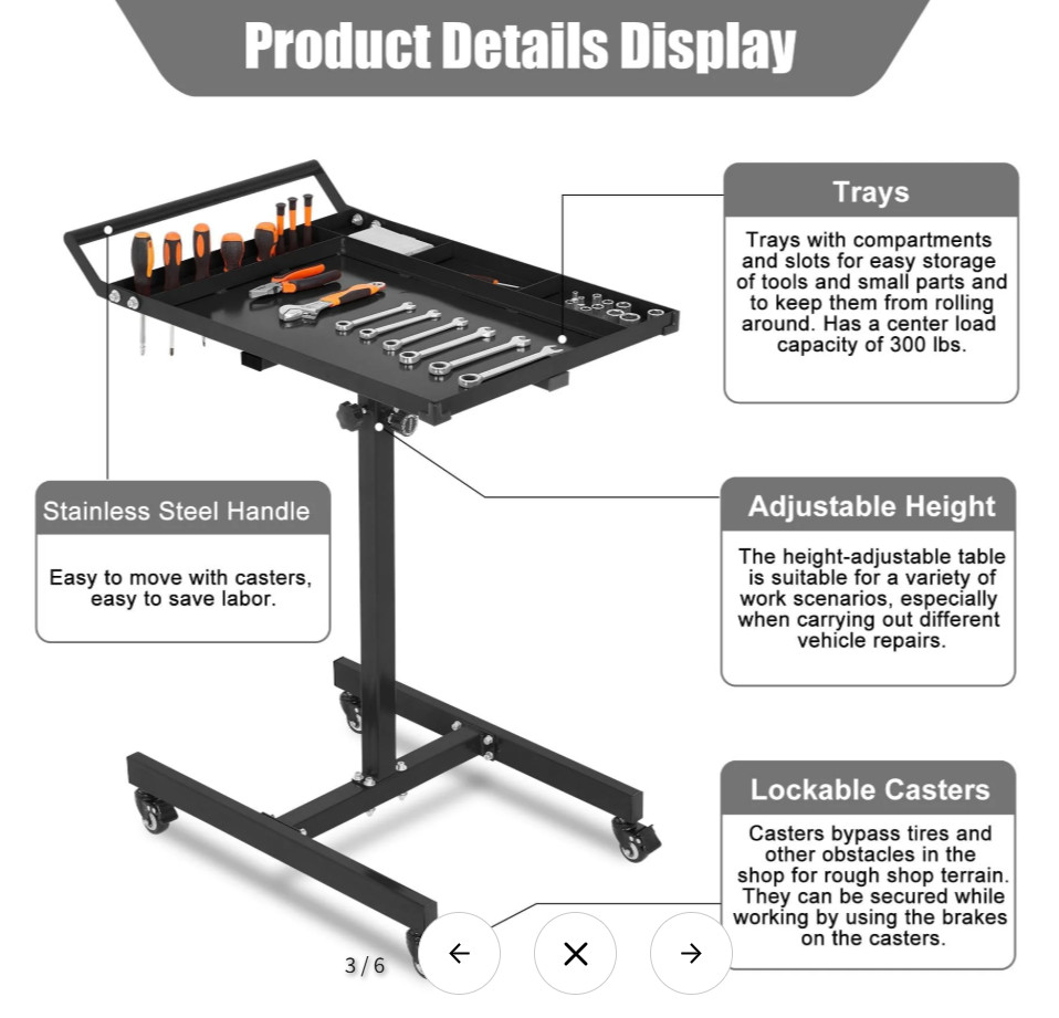 Garvee Heavy-Duty Tool Work Table with Wheels - Adjustable Rolling Workbench wit