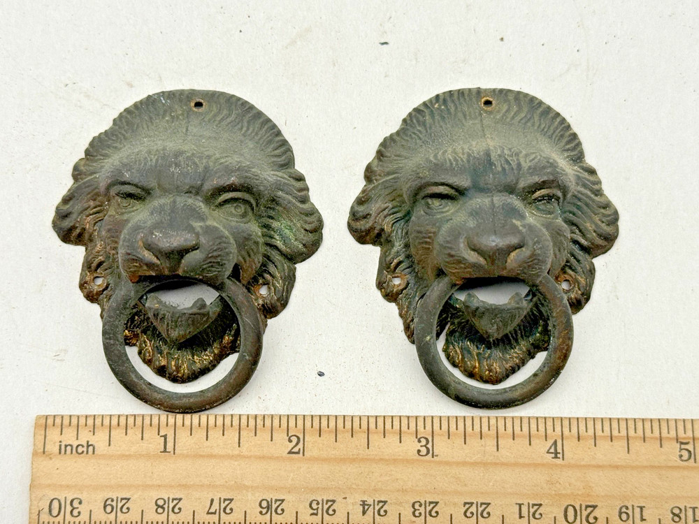 Pair Brass Cast Lion Head Ornaments From Gilbert Clock. (CM60-8219)