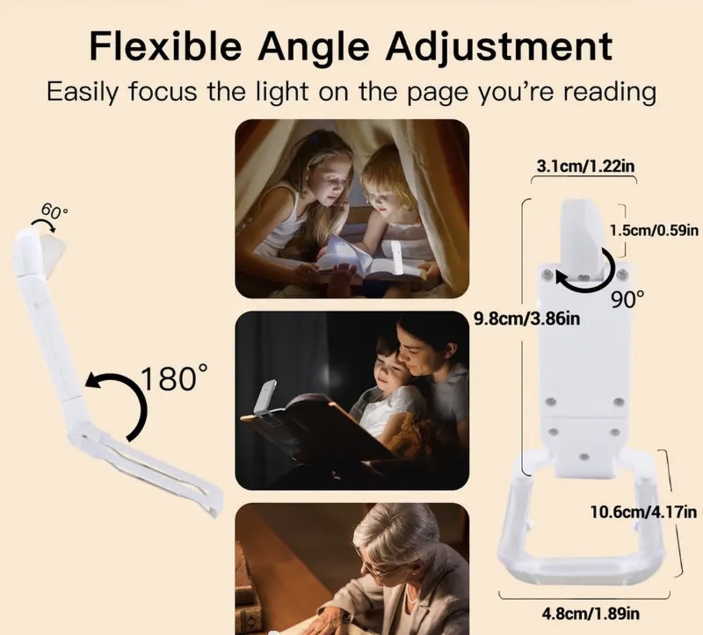 USB LED Rechargeable Folding Book Light for Reading -book Accessoy, White